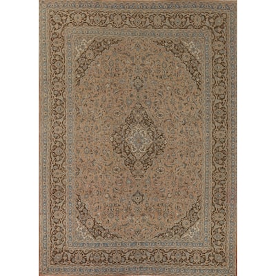 Floral Mashad Vintage Persian Area Rug Handmade Orange Wool Carpet - 9'5" x 12'3"