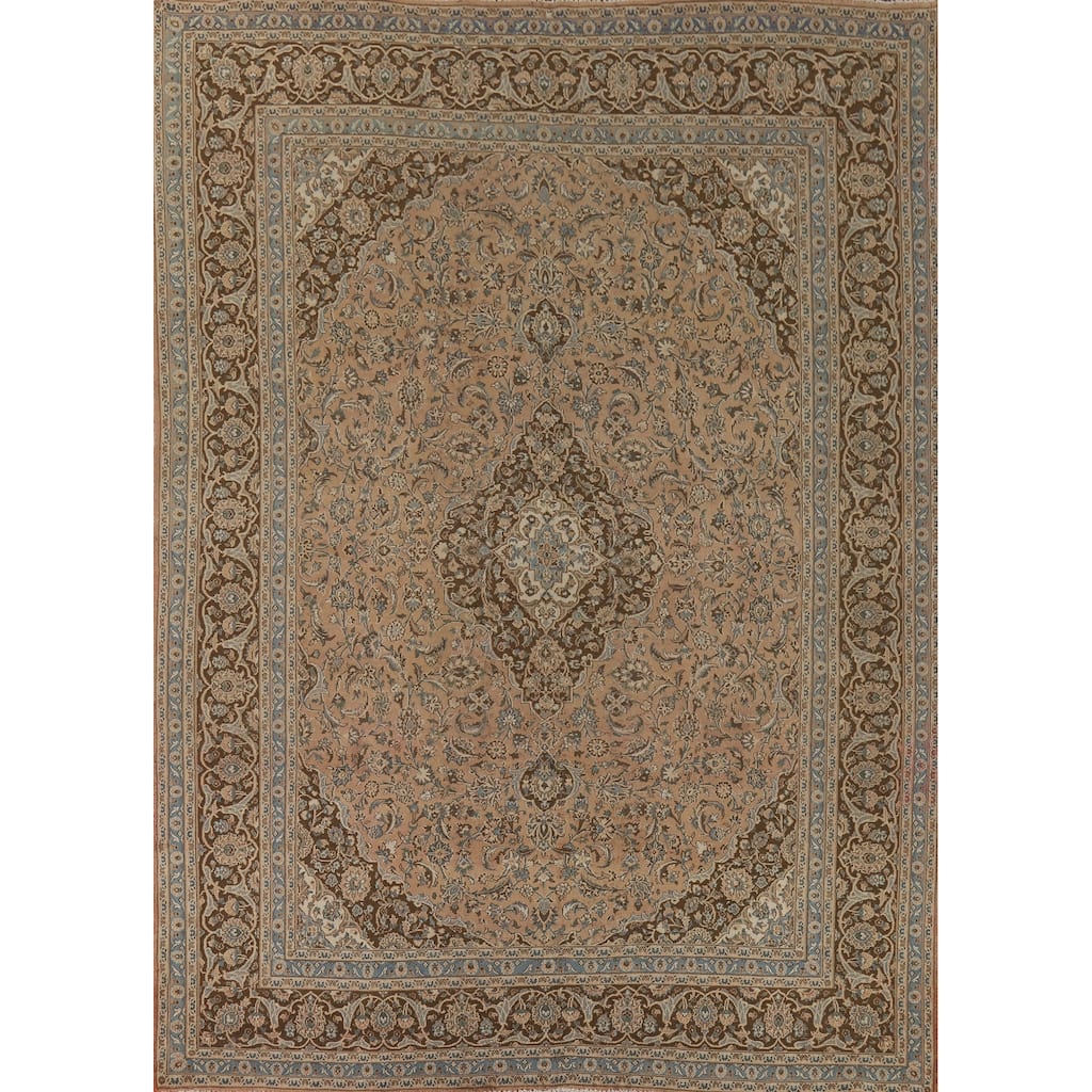 Floral Mashad Vintage Persian Area Rug Handmade Orange Wool Carpet - 9'5" x 12'3"