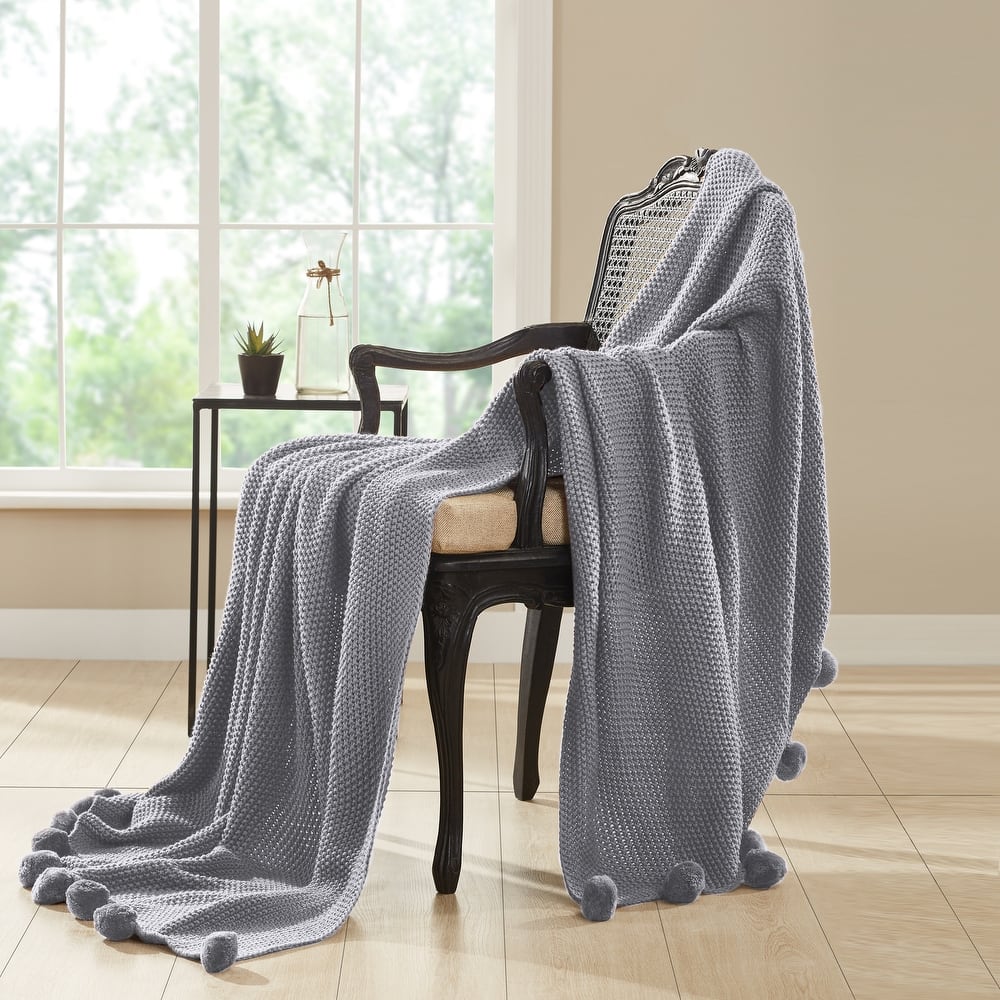 Modern Threads Knitted Bed Sofa Throw With Pom Poms