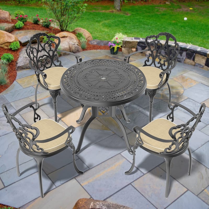 3/5-Piece Cast Aluminum Outdoor Dining Set with 31.5 in. Round Table and Seat Cushions - Black( 5-Piece Sets-C)