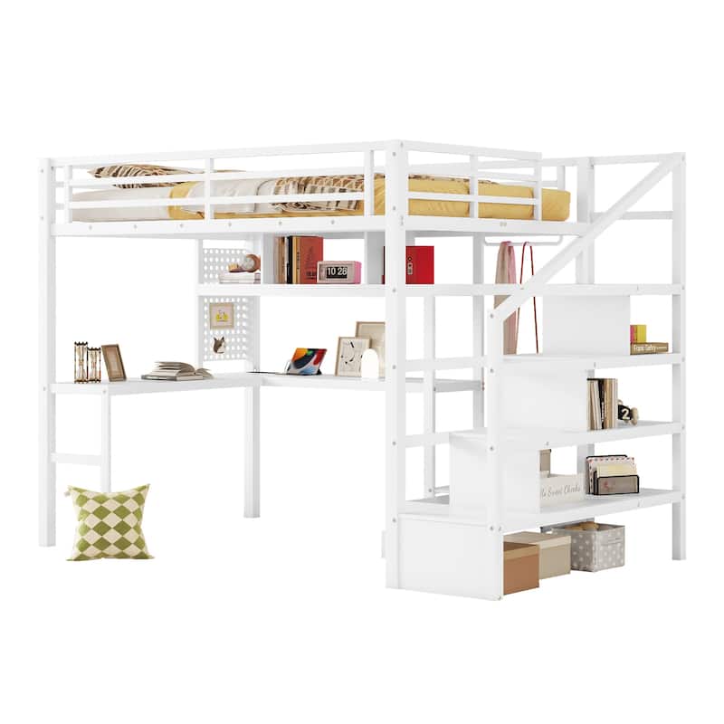 Full Size Loft Bed with LED Light and Charge Station
