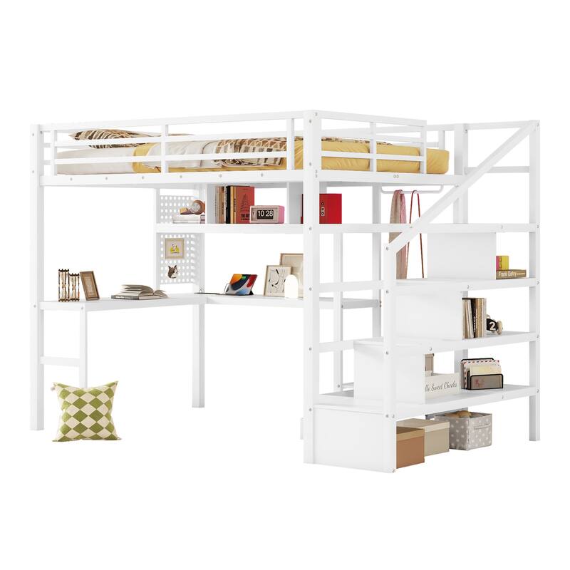 Full Size Metal Loft Bed with LED Lights, Desk, Staircase, and Wardrobe for Kids, White