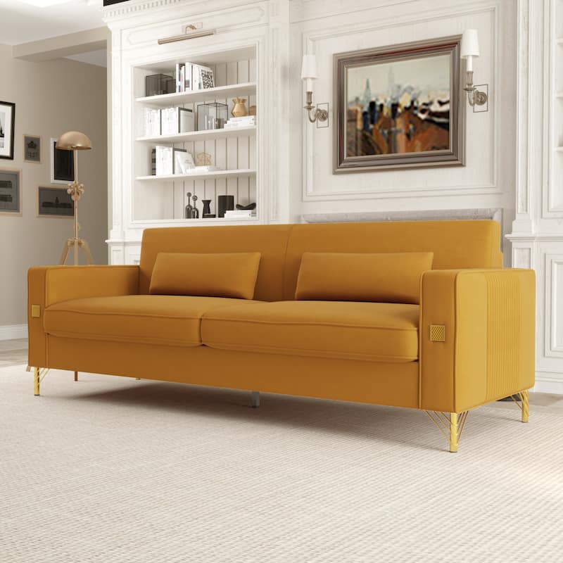 Orange Modern 85.63" Velvet 3-seater Sofa with Gold Accents and Plush Cushions for Living Room