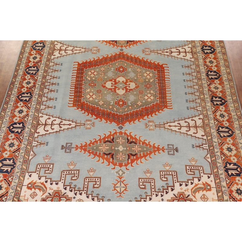 Light Blue Orange Viss Oriental Large Rug Hand-Knotted Wool Carpet - 11'9" X 17'9"