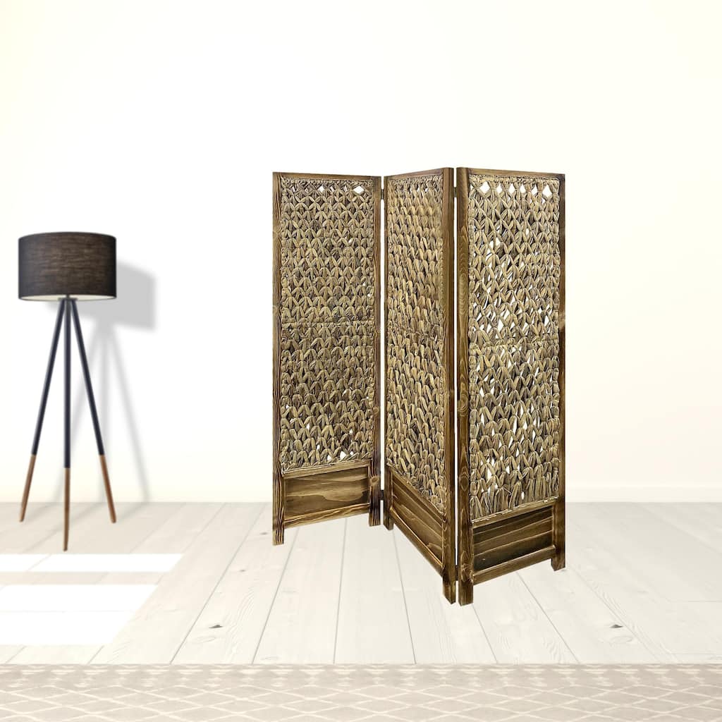 HomeRoots Casual Wood And Seagrass Three Panel Room Divider Screen - 48' X '67' X '1