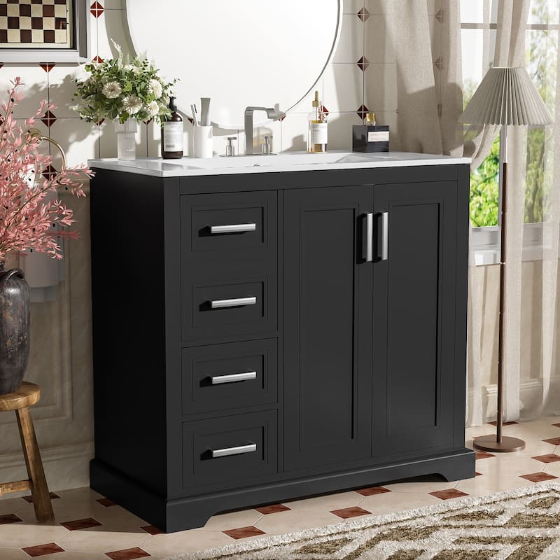 36" Modern Bathroom Vanity with Ceramic Sink, Soft-Close Door, Adjustable Shelf & 3 Drawers, Ample Storage