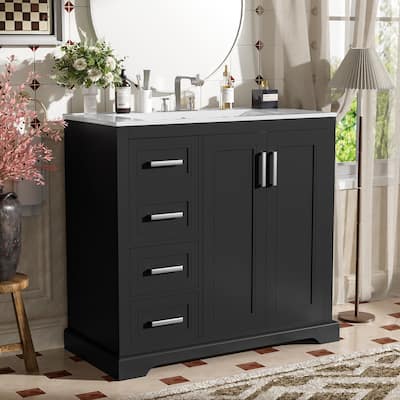 36-Inch Contemporary Bathroom Vanity Featuring Ceramic Sink, Soft-Close Door, Adjustable Shelf & Three Drawers