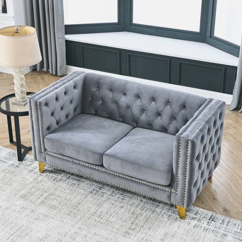 Modern 2-Seat Velvet Sofa with Nailhead Trim, Button Tufting, and Metal Legs