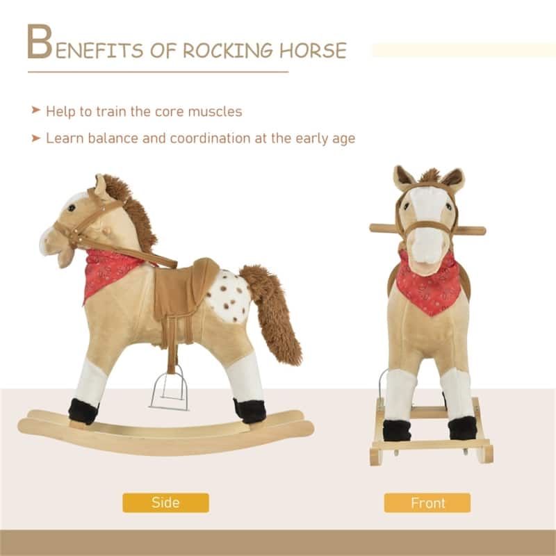 Children’s Rocking Horse with Realistic Neighing Wooden Rails and Comfortable Plush Seat - 30.75" L x 11" W x 26.75" H