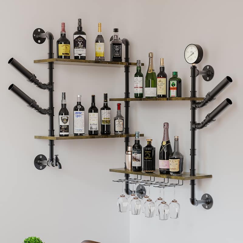 Wall Mounted Wine Rack Bar Shelves Industrial Pipe Glass Holder