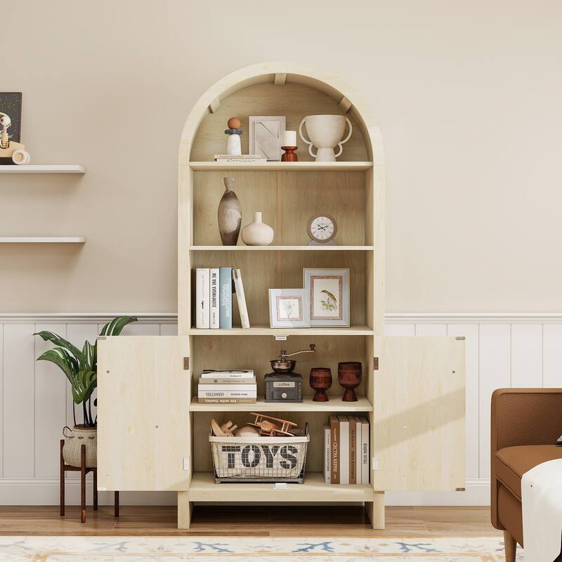 Arched Kitchen Cabinet with Fan-Shaped Handles, Wood Storage Cabinets, Accent Cabinet with Adjustable Shelves