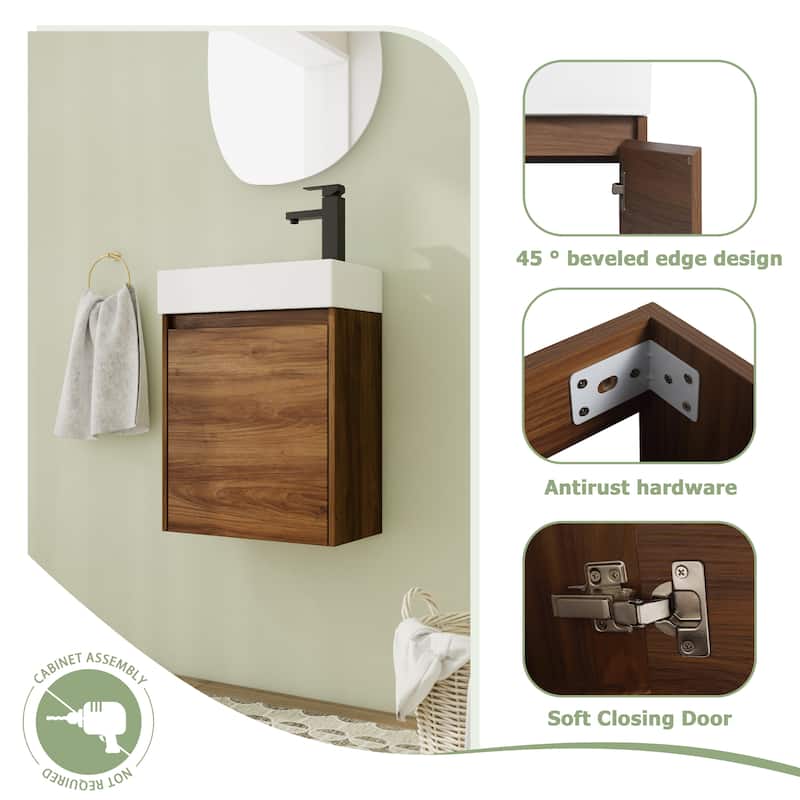 16"/18" Floating Bathroom Vanity with Sink, Mini Wall Mounted Bathroom Vanity with Soft Close Door