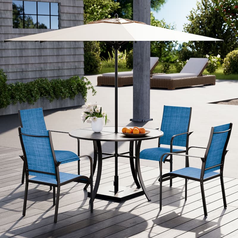 5/7/9-Piece Outdoor Patio Dining Set with Stackable Textilene Chairs and Slatted Table, Furniture with Adjustable Umbrella Hole