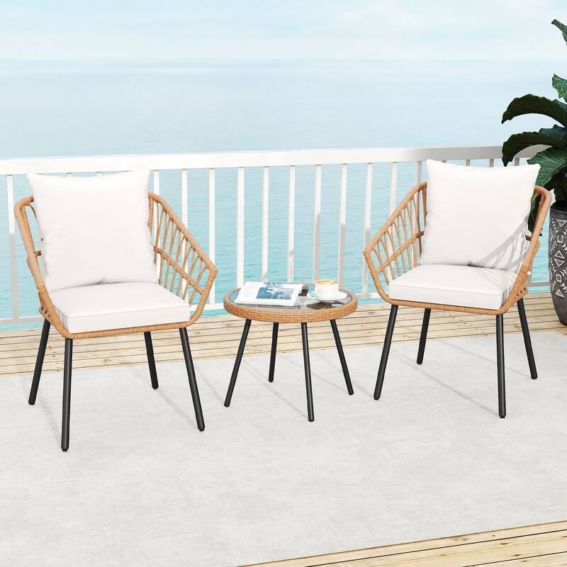 3 Piece Brown PE Rattan Patio Bistro Set with Beige Cushions asnd Glass Table - Chair: 24.5” × 23” × 31” (L × W × H)