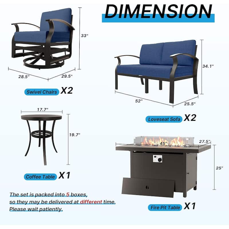 Kullavik Aluminum Outdoor Patio Furniture with Curved Armrests & Firepit Table