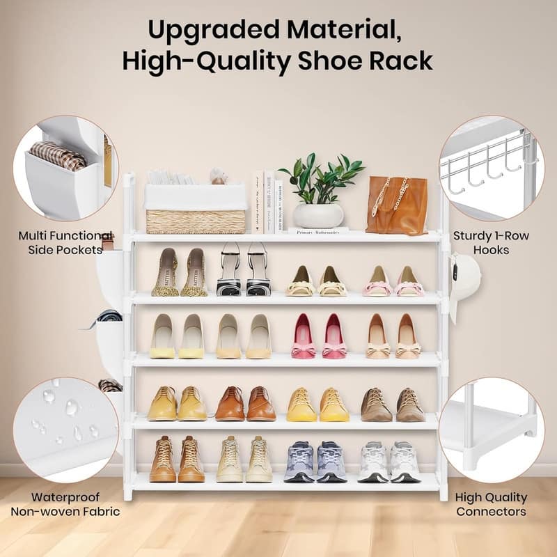 5 Tier Shoe Rack with Hook and Side Pocket - 11.2"D x 33.5"W x 35.6"H