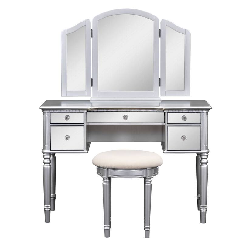 43-Inch Makeup Vanity Set with Adjustable Tri-fold Mirror, Mirrored Drawers, and Soft Cushioned Stool