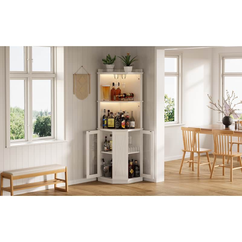Farmhouse 67.3" Corner Wine Bar Cabinet with Power Outlet and Adjustable Shelves