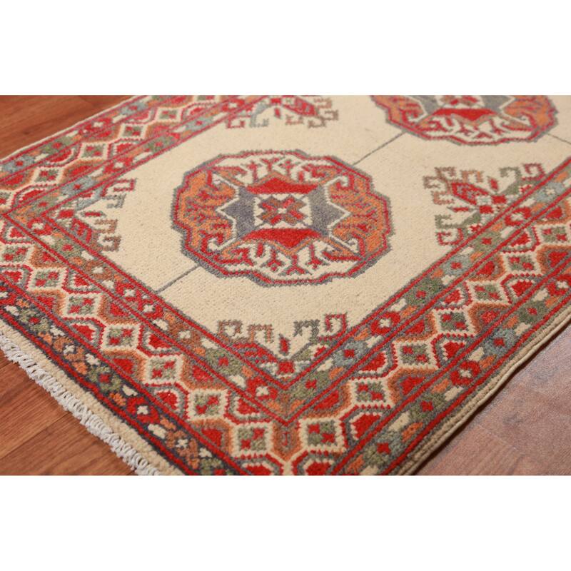 Geometric Kazak Foyer Rug Handmade Oriental Beige Wool Carpet - 2'0"x 3'0"