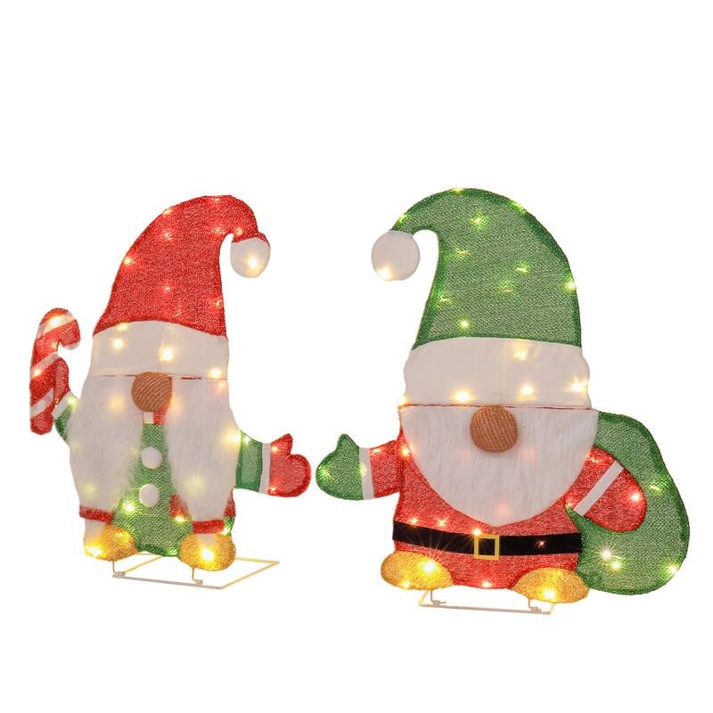 Set of 2 Lighted Gnome and Candy Cane Christmas Decorations - Red+Green - Red+Green