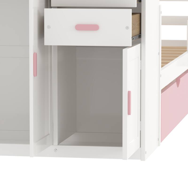 Multifunctional Twin Size Wood Platform Bed with Bookshelf, Wardrobe, and Trundle