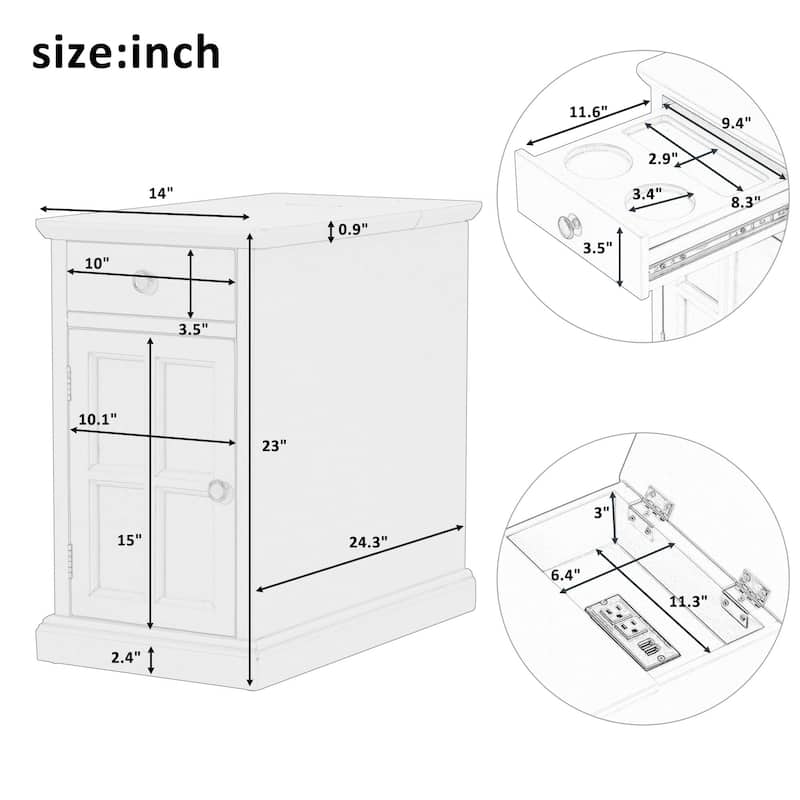 Classic Vintage Livingroom End Table with USB Ports and One Multifunctional Drawer - 14'' D x 24.3" W x 23" H