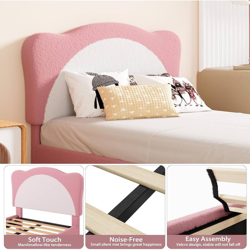 Velvet Kids Bed Frame with Adjustable Scallop Headboard, Princess Style Platform Bed, Solid Wood Slats