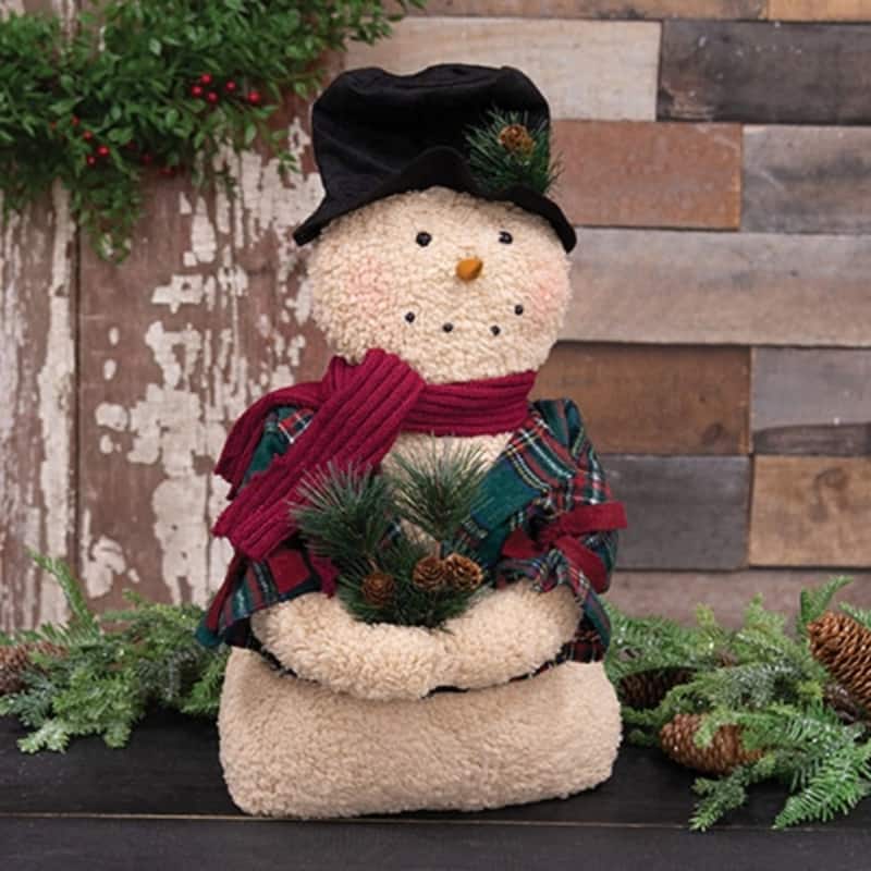 Stuffed Sherpa Woodland Plaid Snowman Doll Rustic Christmas Decor - 10.50” x 6” x 19”