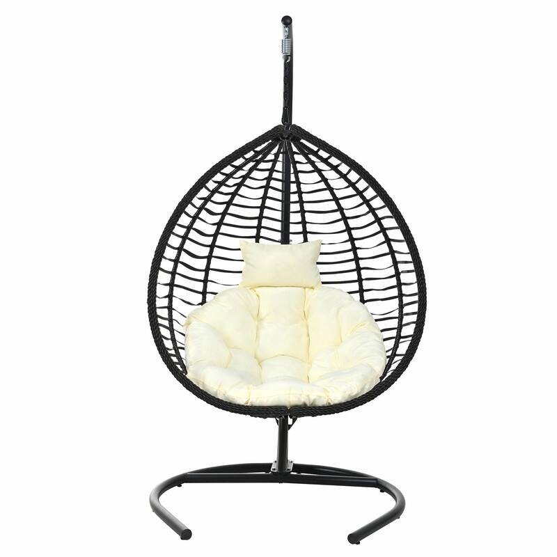 Indoor Outdoor Hanging Hammock Chair with Stand, Foldable Rattan Egg Swing Chair with Cushion & Headrest