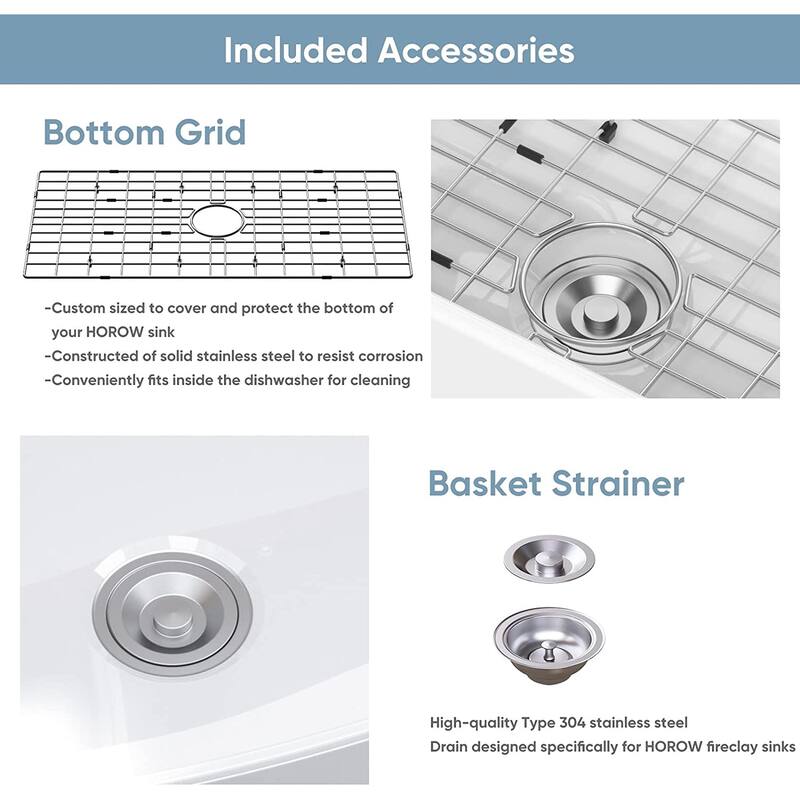 HOROW White Fireclay 33 in. L x 18 in. W Rectangular Single Bowl Farmhouse Apron Kitchen Sink with Grid and Strainer