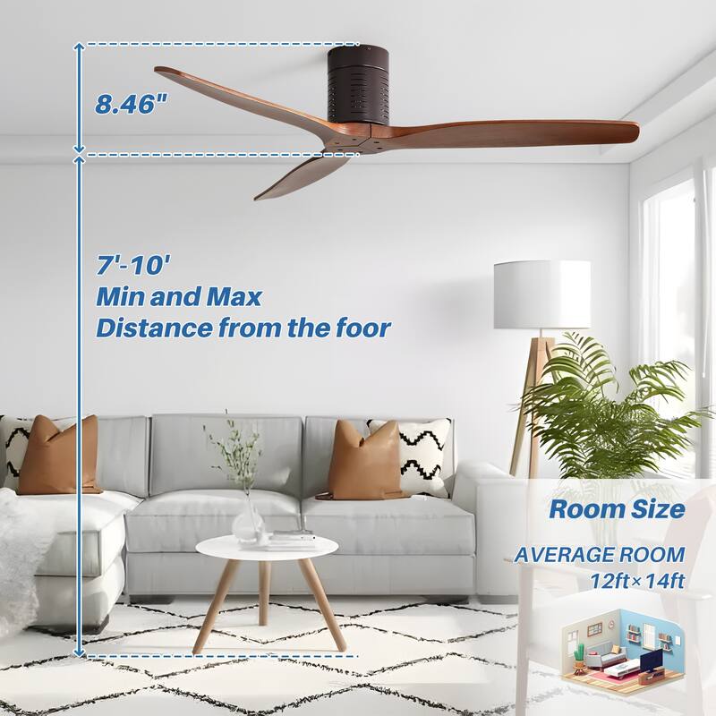 52" Flush Mount Wood Ceiling Fan with Dimmable LED Light and Remote Control