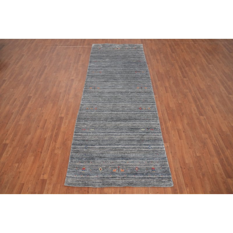 Hand Knotted Oriental Viscose Silk Carpet Tribal Animal Pictorial Greys & Charcoal Gabbeh Runner Rug - 11' 7'' X 4' 0''