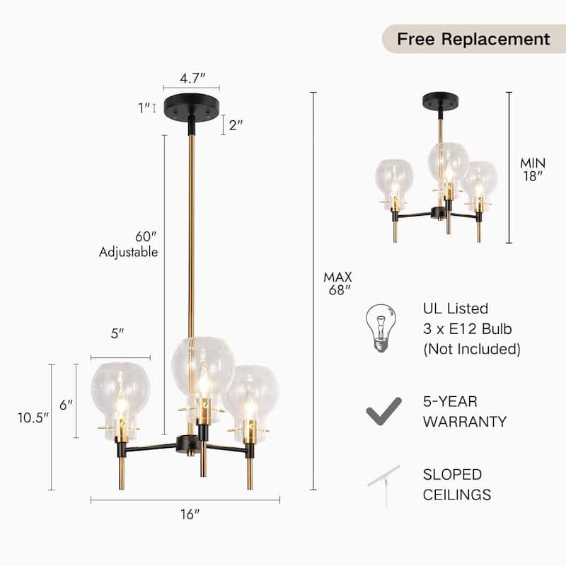 Modern 3-Light Black Gold Chandelier Pendant Light with Glass Shades Kitchen Island Light for Dining Room