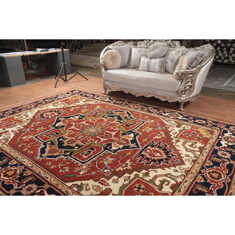 Orange Geometric Heriz Serapi Indian Area Rug Hand-Knotted Wool Carpet - 8'11" x 11'11"