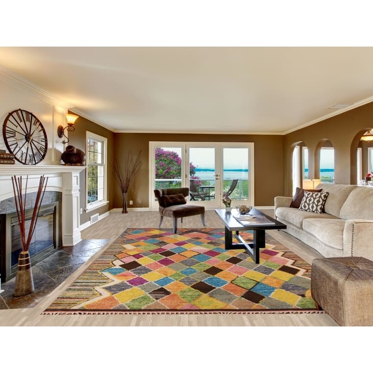 Colorful Trellis Plush Moroccan Area Rug Hand-Knotted Wool Carpet - 8'5" x 13'1"