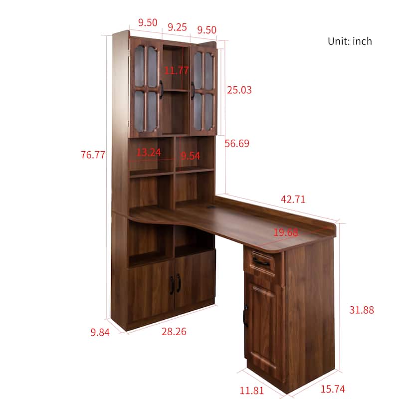 Corner L-Shaped Computer Desk with Hutch and Bookshelf, Modern Wood Storage Table with Drawers for Home Office