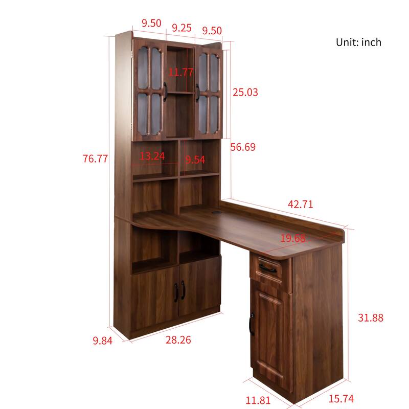 Roomfitters L-Shaped Corner Computer Desk with Hutch, Bookshelf & Cabinets, 2-in-1 Home Office Study Table with Drawer, Walnut