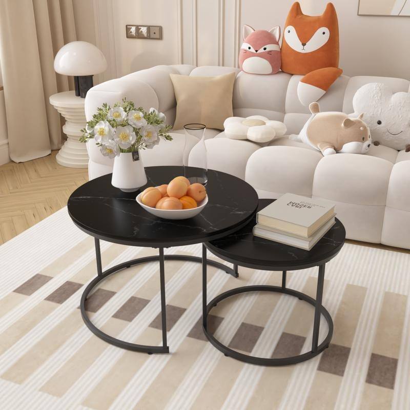 Round Nesting Coffee Table Set of 2 with Marble Pattern Top & Metal Frame