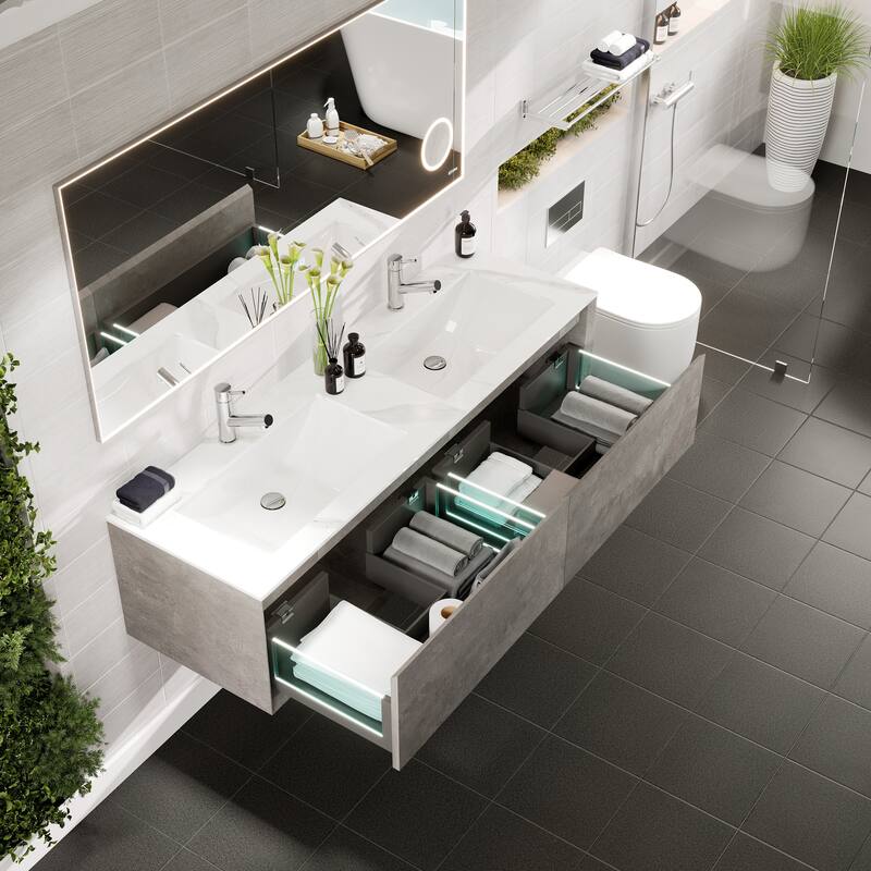 Eviva Aurora 60" Concrete Gray Wall Mount Bath Vanity with Carrara Quartz Top