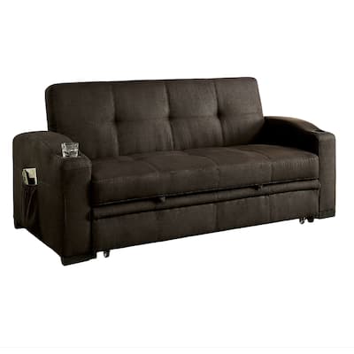 Futon Sofa, Brown Fabric Upholstery, Pull Out Base, Button Tufting