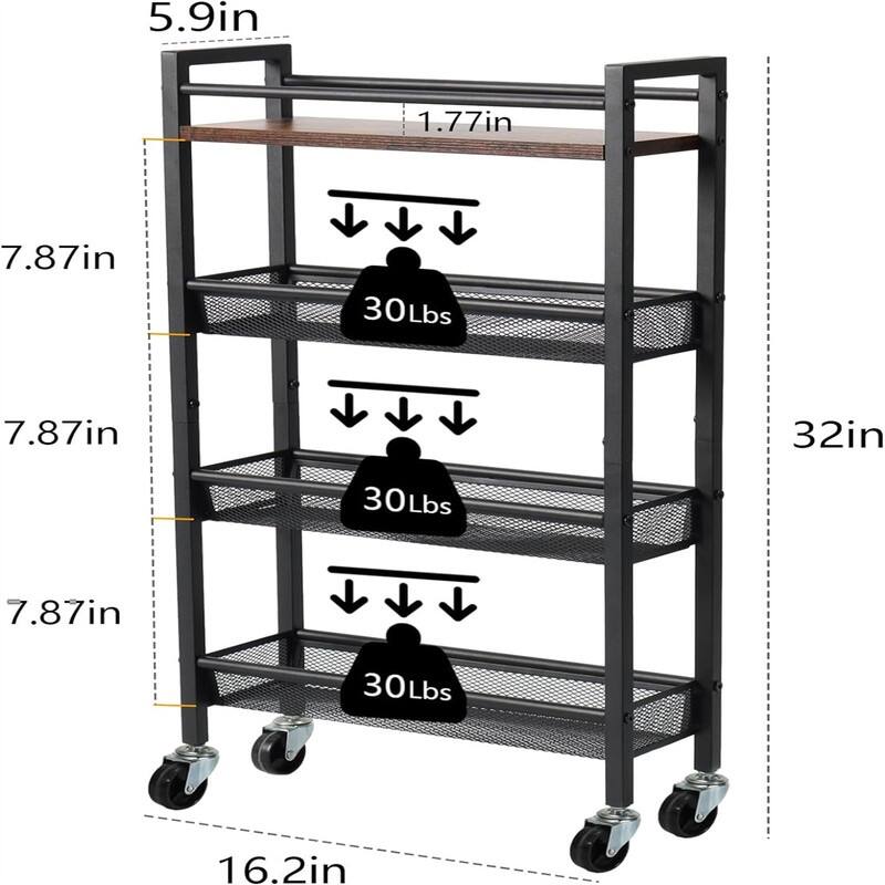 4 Tier Kitchen Rolling Utility Cart - 5.9"D x 16.2"W x 32"H