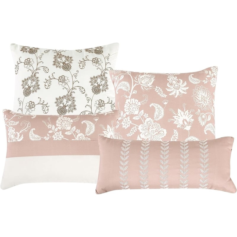 7 Piece Pink Beige Floral Comforter Set Soft Bedding