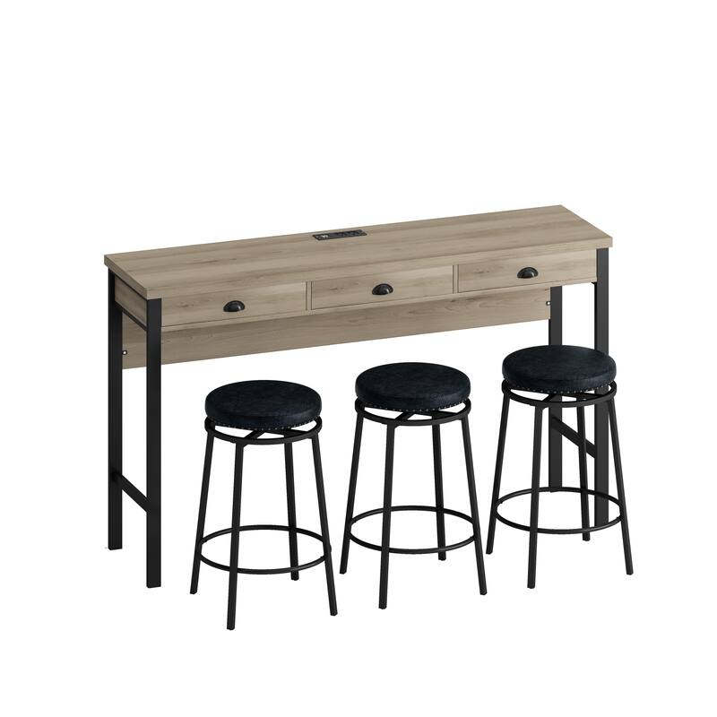 3-Drawer Long Dining Table Set with Power Outlets - WOOD