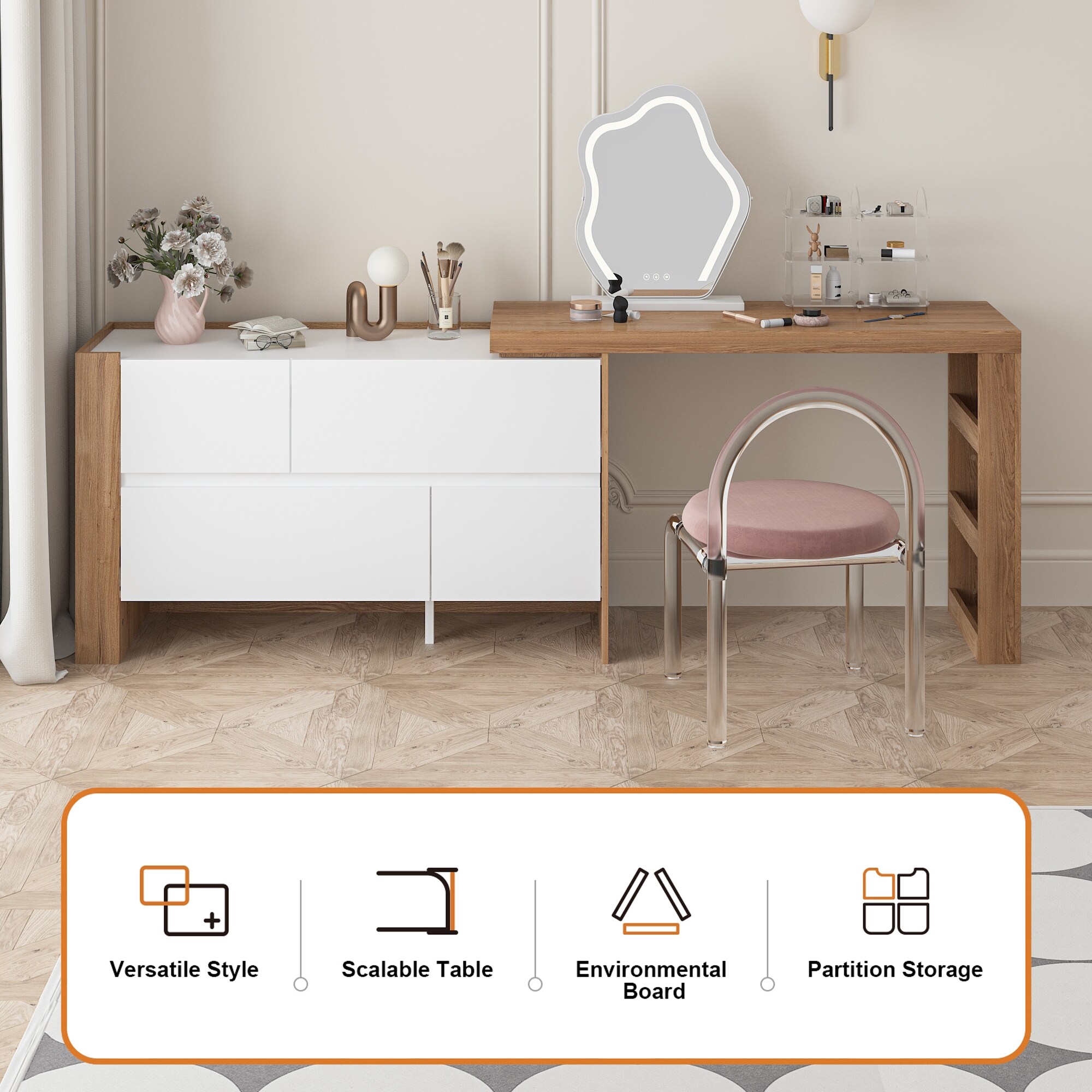 Dual-Purpose Desk Dressing Table Dresser White Working Desk 