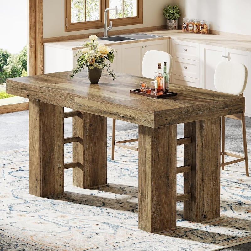 63-Inch Farmhouse Long Bar Table, Wood Rectangular Counter Height Pub Table for Kitchen, Dining Room, Living Room