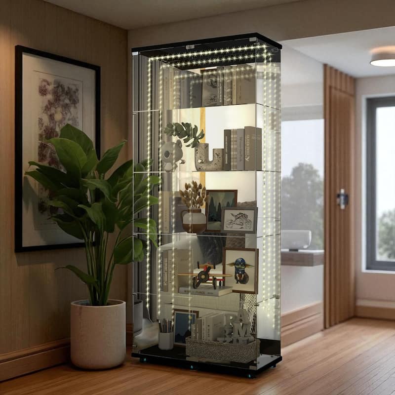 76" Tall Tempered Glass Display Cabinet with Mirror Back, Bluetooth LED Light Strip, Lockable Doors and Casters
