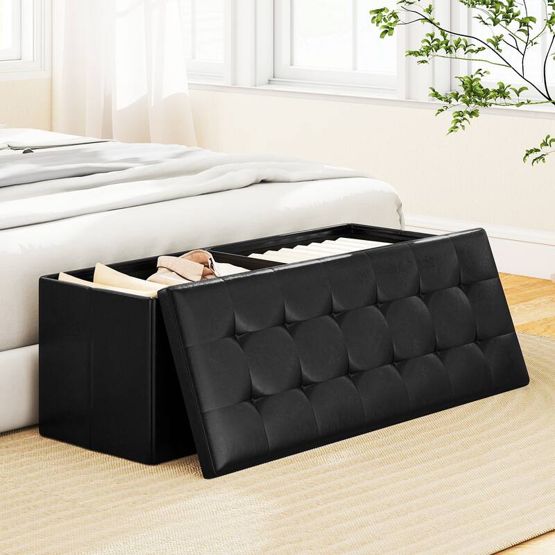 43 Inch PU Leather Storage Ottoman Bench with 38 Gallon Capacity Removable Divider and Foam Cushion for Living Room Entryway