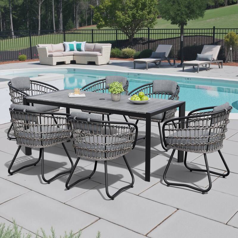 Outdoor Patio Dining Set Aluminum Table with Umbrella Hole with Rattan Chairs
