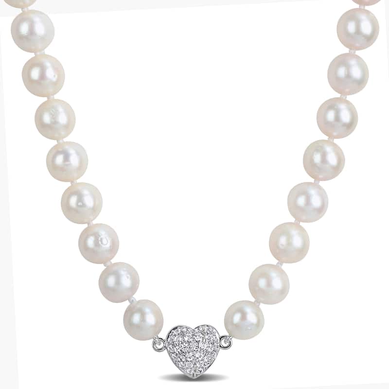 Miadora Cultured Freshwater Edison Pearl Necklace 3/4ct TGW Created White Sapphire in Sterling Silver