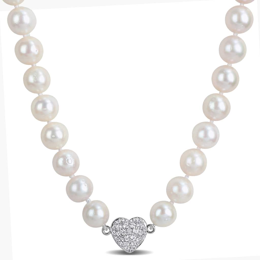 Miadora Cultured Freshwater Edison Pearl Necklace 3/4ct TGW Created White Sapphire in Sterling Silver